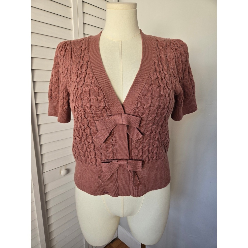 Express Dusty Rose Cable Knit Bow Cardigan Sweater L Feminine Preppy Cottagecore
